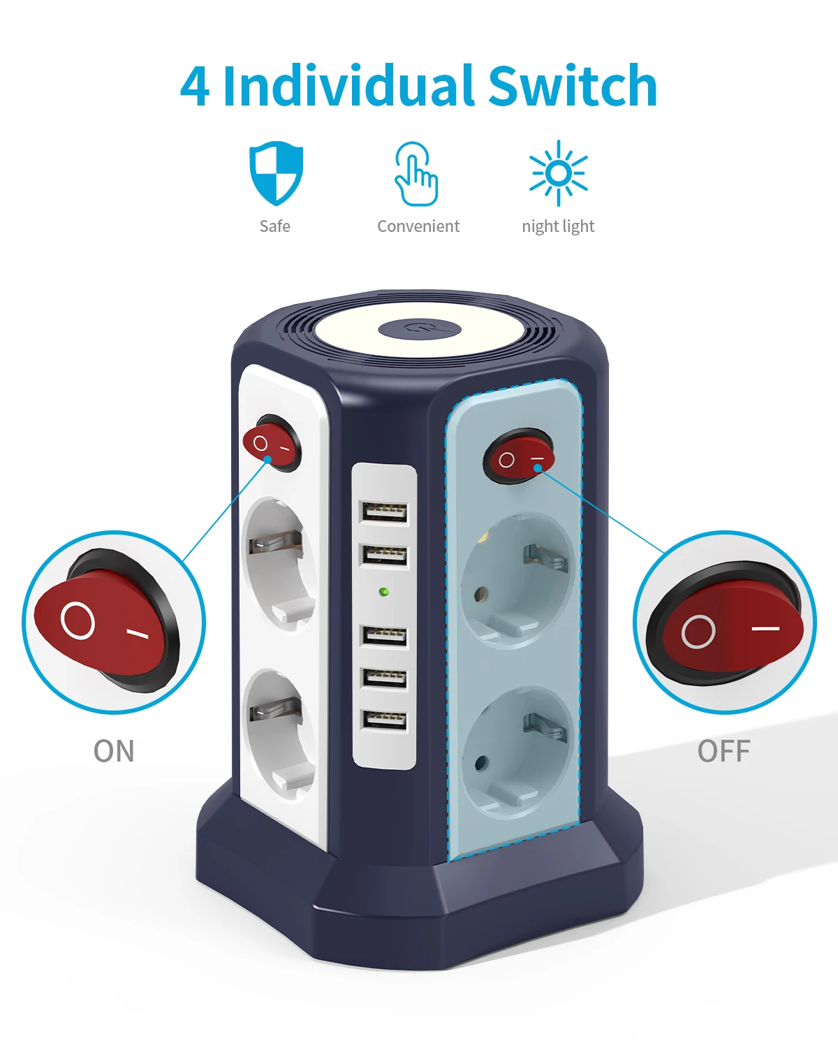 Torre presa intelligente Euro a 8 posizioni con 5 porte USB espansione multifunzione e controllo dell\'interruttore individuale per la casa e