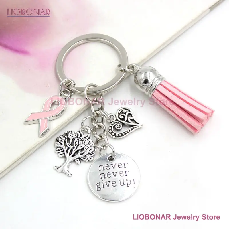 New Arrival Breast Cancer Awareness Pink Ribbon Tassel Keychains Keyring Heart Life Tree Never Give Up Charms Key Chain Jewelry