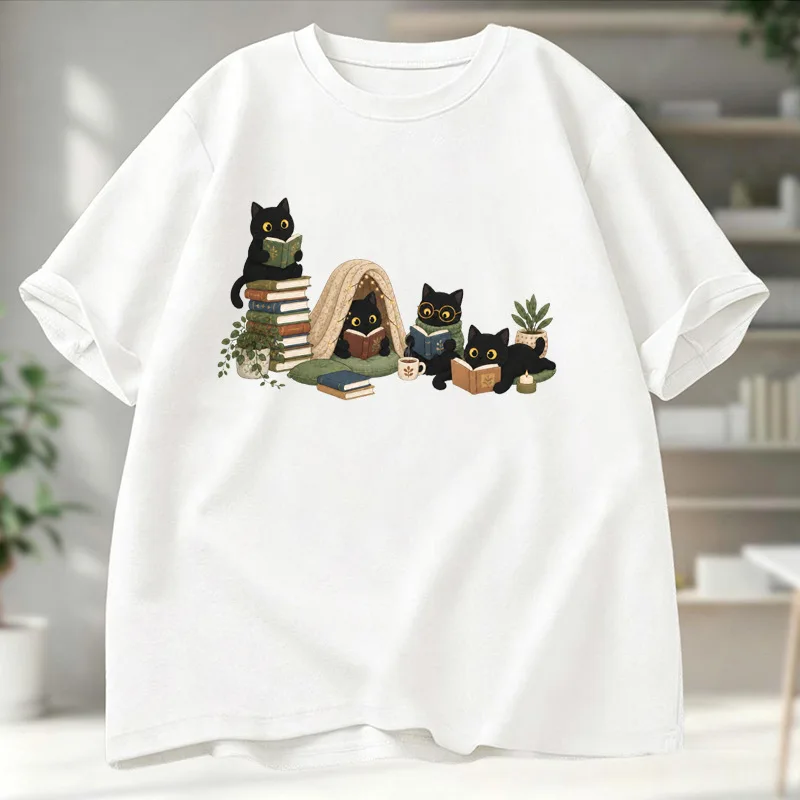 Cute Black Cats Reading Books Tent Plants Art Print Graphic Womens T Shirt Short Sleeve Crew Neck Casual Ladies Tee Tops