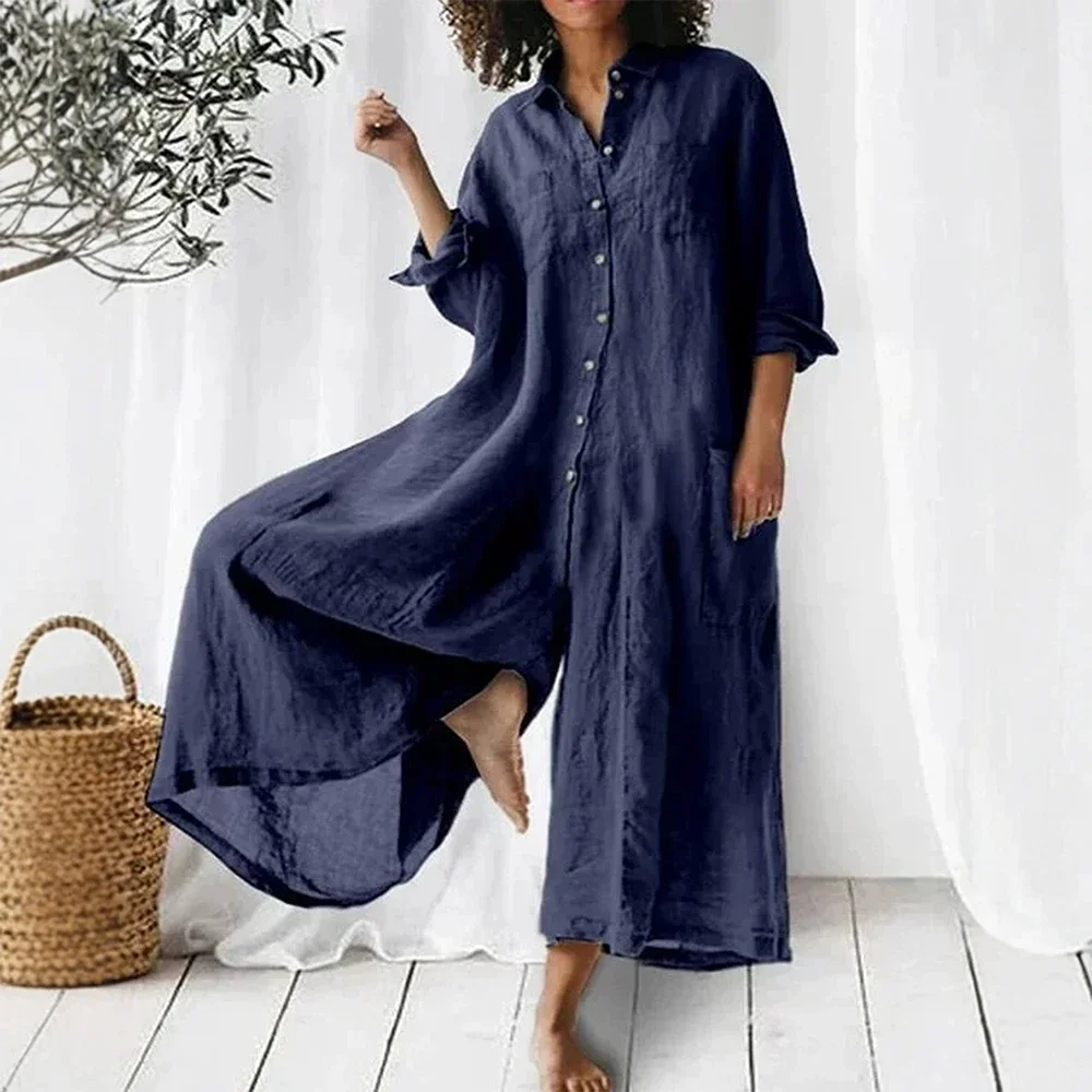 Macacões verão casual confortável simples único breasted camisa de manga longa gola tornozelo perna larga macacões para mulher