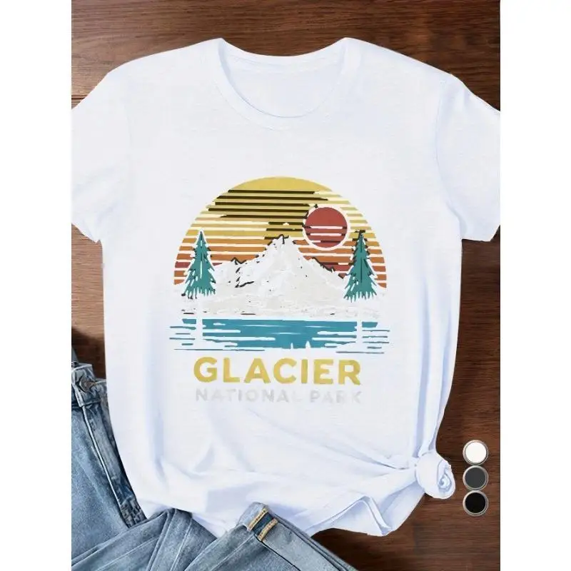 

Glacier National Park T-Shirt Men Women Retro Mountain Lake Sunset Graphic Tee Nature Lover Hiking Camping Outdoor Travel Gift
