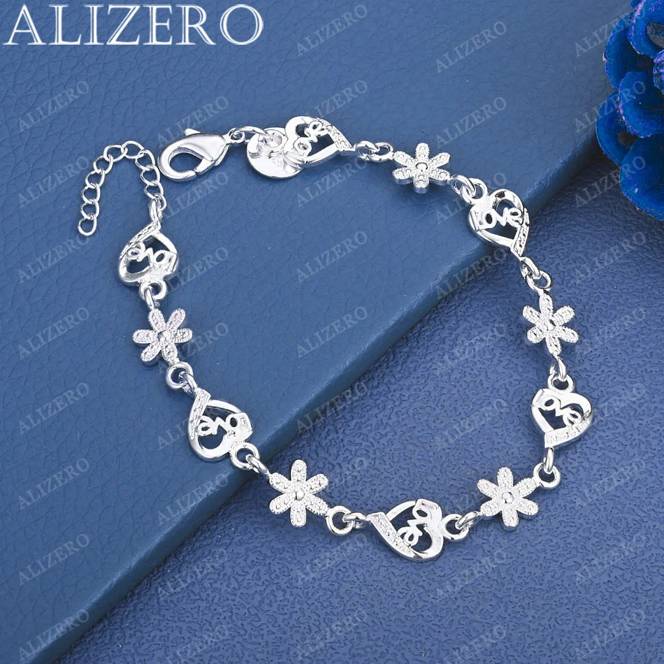 

ALIZERO 925 Sterling Silver Flowers LOVE Heart Bracelet Wedding Engagement Accessories for Daily Wear Jewelry Gift