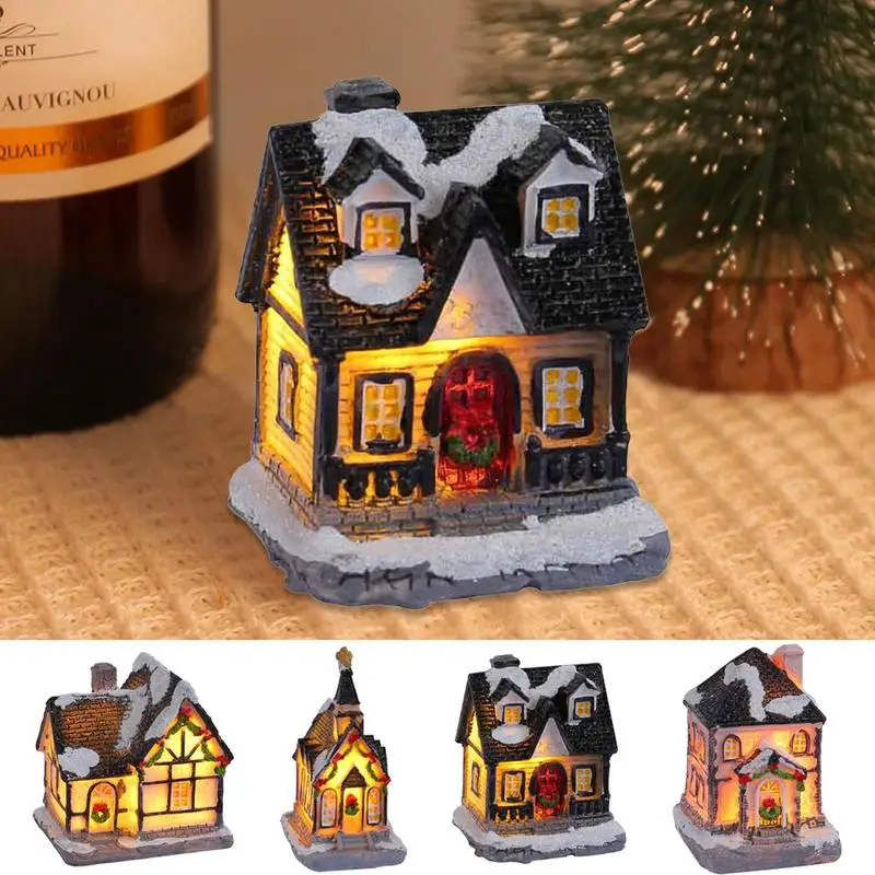 LED Resin House Christmas Village Ornaments Figurines Decoration Snow View House Holiday Xmas Glow Decor Gift Navidad Home Decor