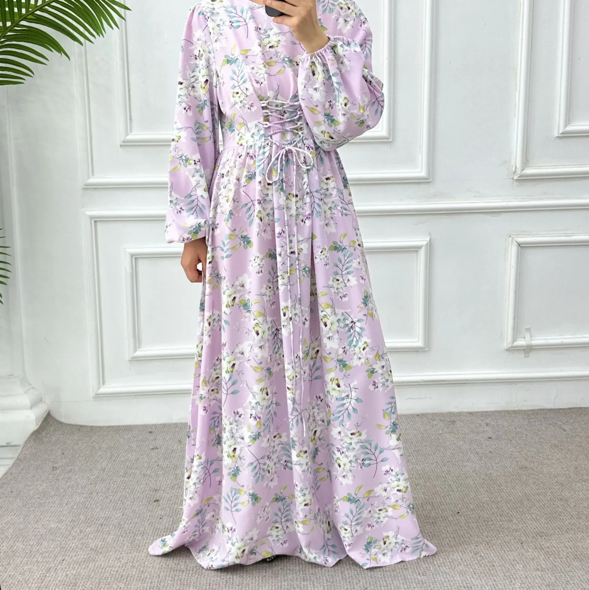 Robe musulmane en Satin imprimé Floral pour femmes, Abaya arabe de dubaï, caftan de luxe pour fête du Ramadan, vêtements islamiques africains, Kebaya