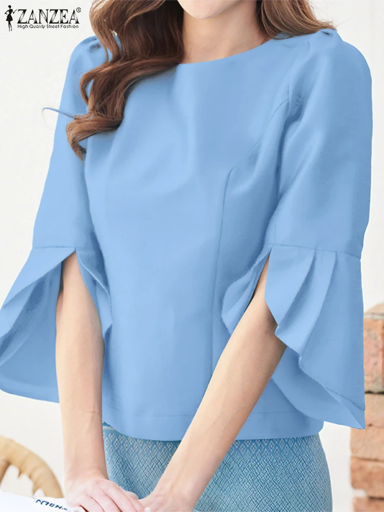 

ZANZEA 2025 Spring Summer Women Blouses Elegant Solid Color 3/4 Petal Sleeve O-Neck Tops Slim-Fit Commute Office Blusas Mujer