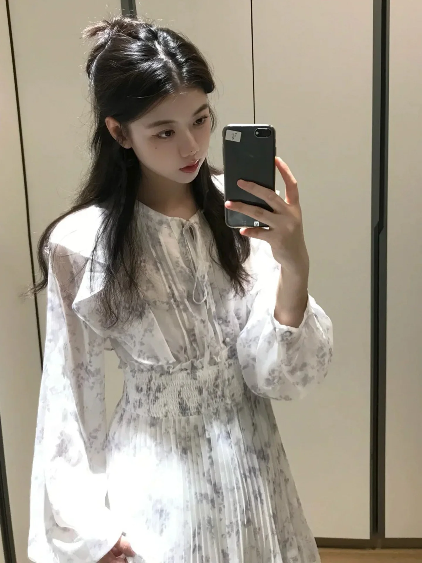 

Sweet Floral Long Sve Wrap Waist Maxi Dr New Autumn Japanese Sle Women's Faion Polyester Fiber round Ne Long Dr