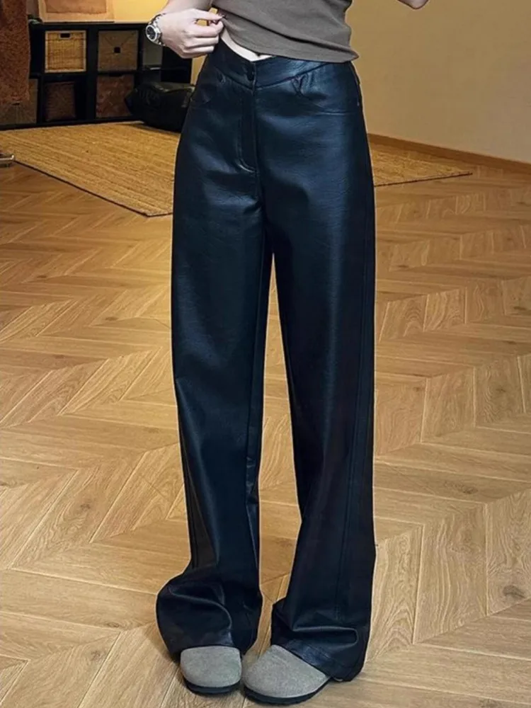 2025 vendita calda moda donna pantaloni in ecopelle vita alta slim fit dritto pantaloni a gamba larga primavera autunno pantaloni casual da pavimento