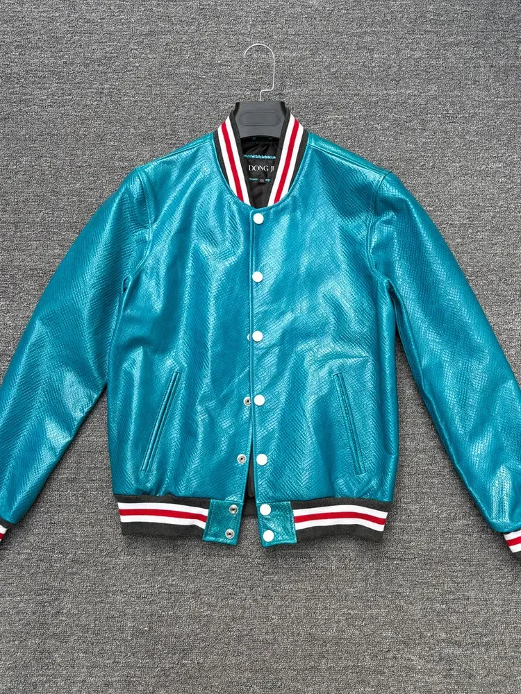 

The first layer of cowhide leather leather jacket men's blue baseball jersey pure leather jacket loose casual youth jacket