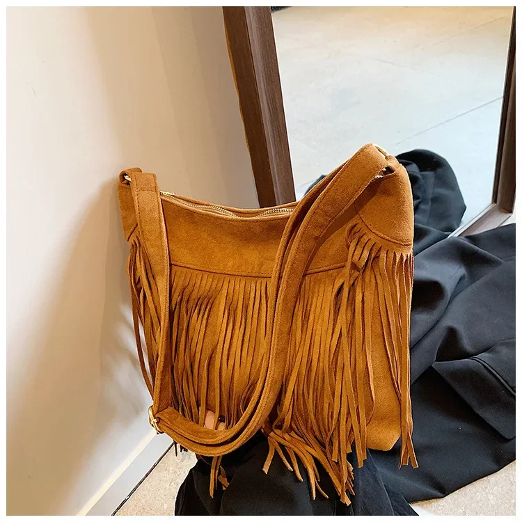 

Fall Winter 2025 Vegan Suede Shoulder Bag, Convertible Crossbody with Fringe Detail, Minimalist Retro Boho Day-to-Night Purse