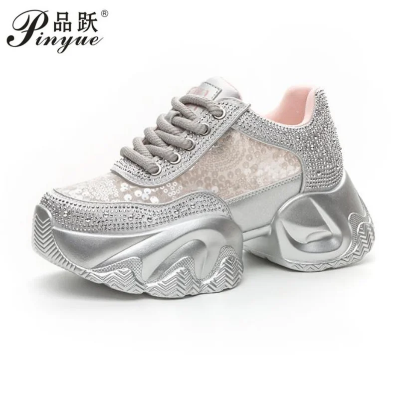 

7cm Women Platform Shoes Crystal Thick-soled White Silver Shoes Shining Crystal Sneakers Trend Casual Sneakers 34-40