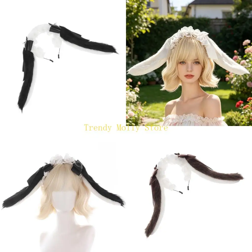 

N5KB Furry Rabbits Ears Hair Band Maid Soft Bowknot Head Accessory Headpiece