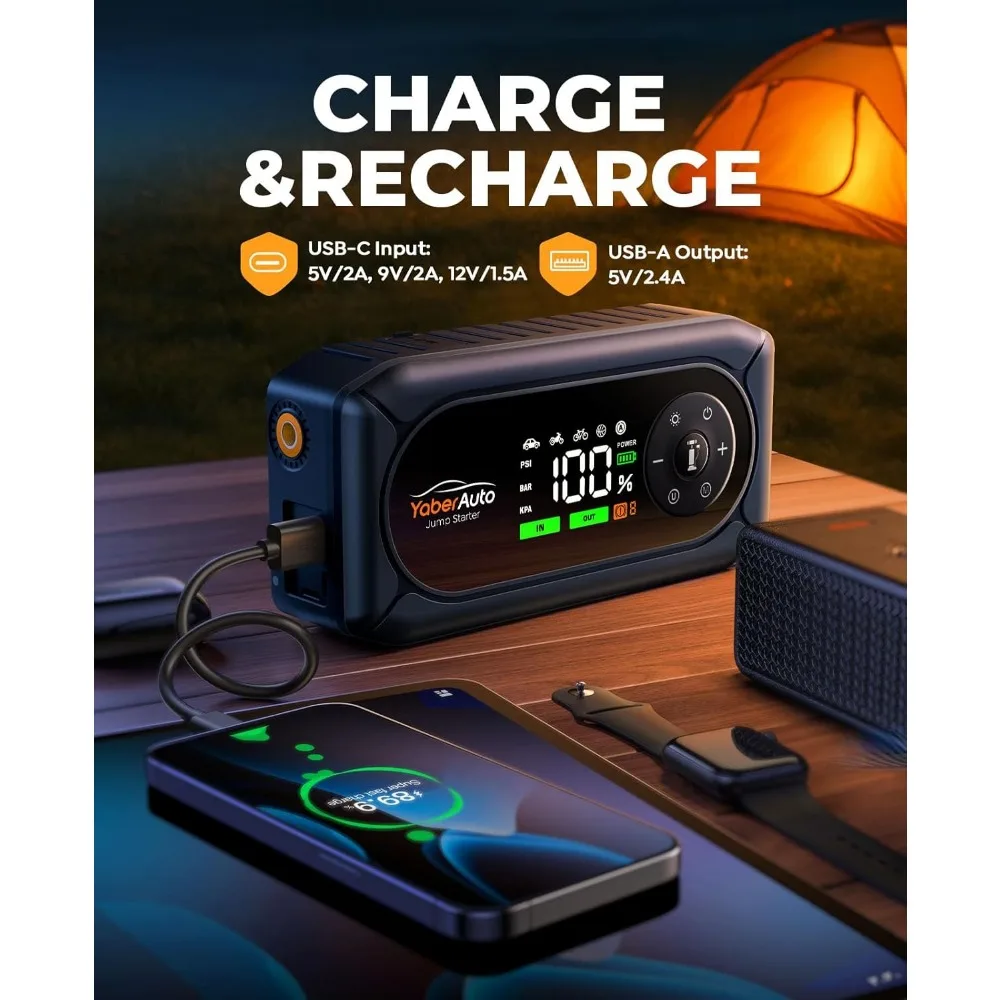 YaberAuto 9-in-1 Jump Starter مع ضاغط هواء 4500A 150PSI بطارية السيارة المحمولة Jump Starter (9L Gas/8L Diesel)، Jump Box Ca