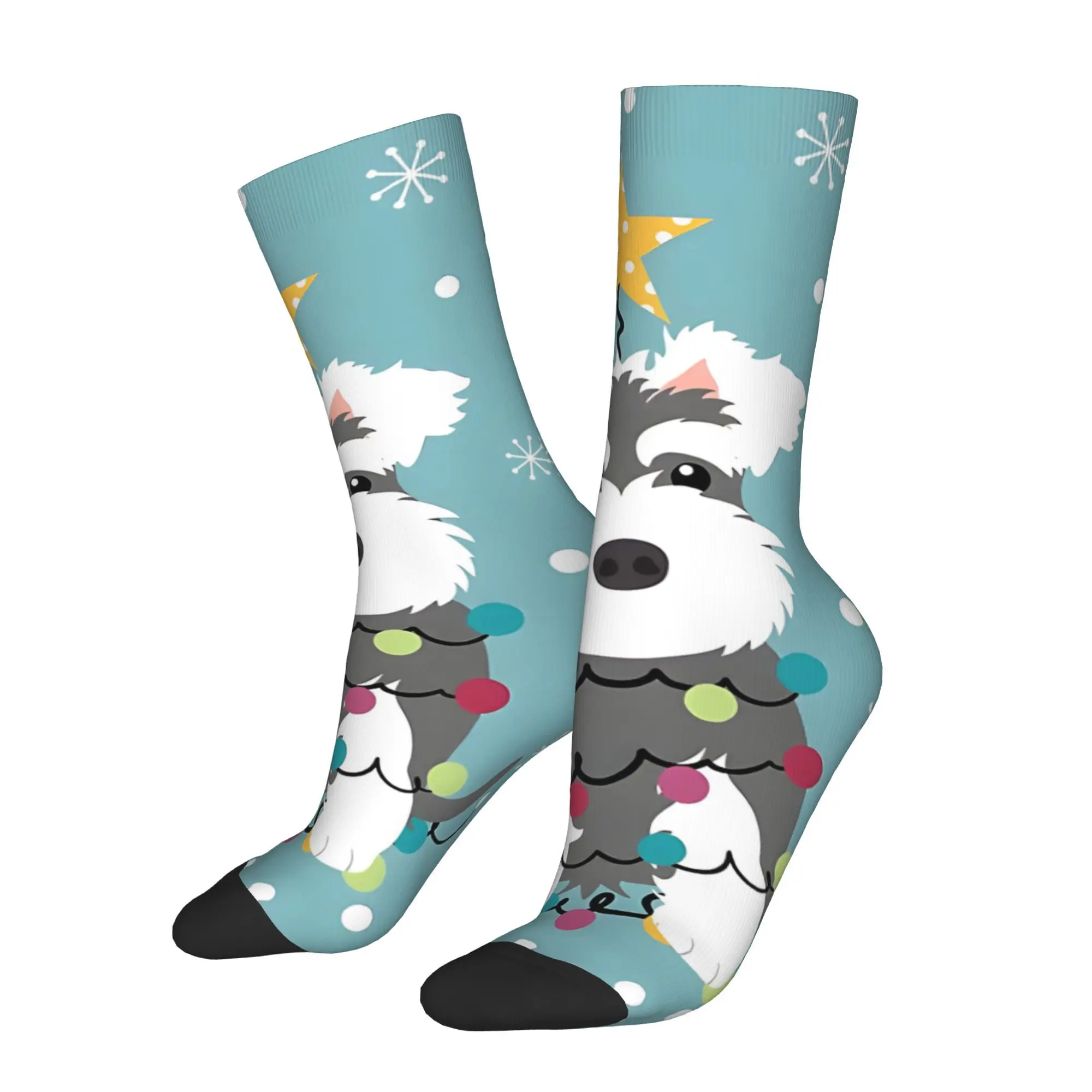 1pc Miniature Schnauzer Christmas Tree Printed Men's Socks  Novelty Hip Hop Harajuku Pattern Crew Sock Casual Gift