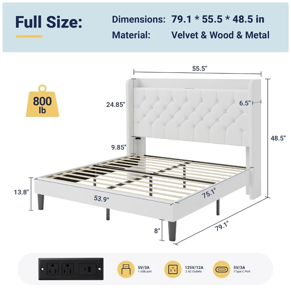 Full Size Bed Frame, Storage Headboard with Charging Station, Wingback Velvet Upholstered, Diamond Stitched Button, Customized