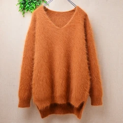 Ladies Women Fall Winter Clothing Hairy Angora Rabbit Hair Knitted V-Neck Long Sleeves Split Loose Pullover Sweater Jumper Pull