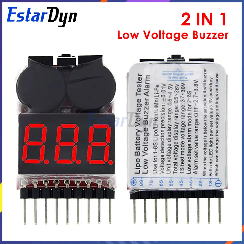 Estardyn 1-8S Lipo/Li-ion/Fe RC helicopter airplane boat etc Battery Voltage 2 IN1 Tester Low Voltage Buzzer Alarm