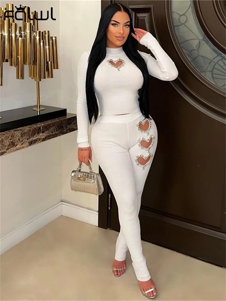 Habbris Spring Shiny Rhinestone Bodycon 2 Two Piece Sets Birthday Party Outfits For Woman 2024 Heart Shape Hollow Out Pants Sets