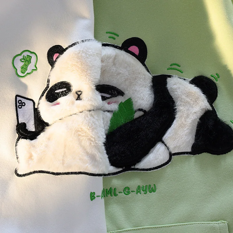 Winter Thicken Hoodies Chinese Flocking Embroidery Kawaii Cartoon Panda Hooded Sweatshirt Couple Matching Cute Fleece Pullovers