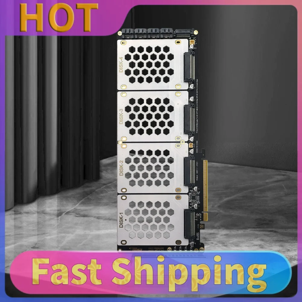 4-Port PCI-E 4.0 16X 2.5Inch SATA Adapter Card Motherboard Support PCIe X4x4x4x4 Bifurcation U.2 PCIe Adapter for PC