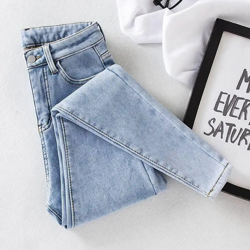 

Женские джинсы с высокой талией и девятью зубцами, утягивающие эластичные зимние новые облегающие джинсы-карандаш с высокой талией для женщин