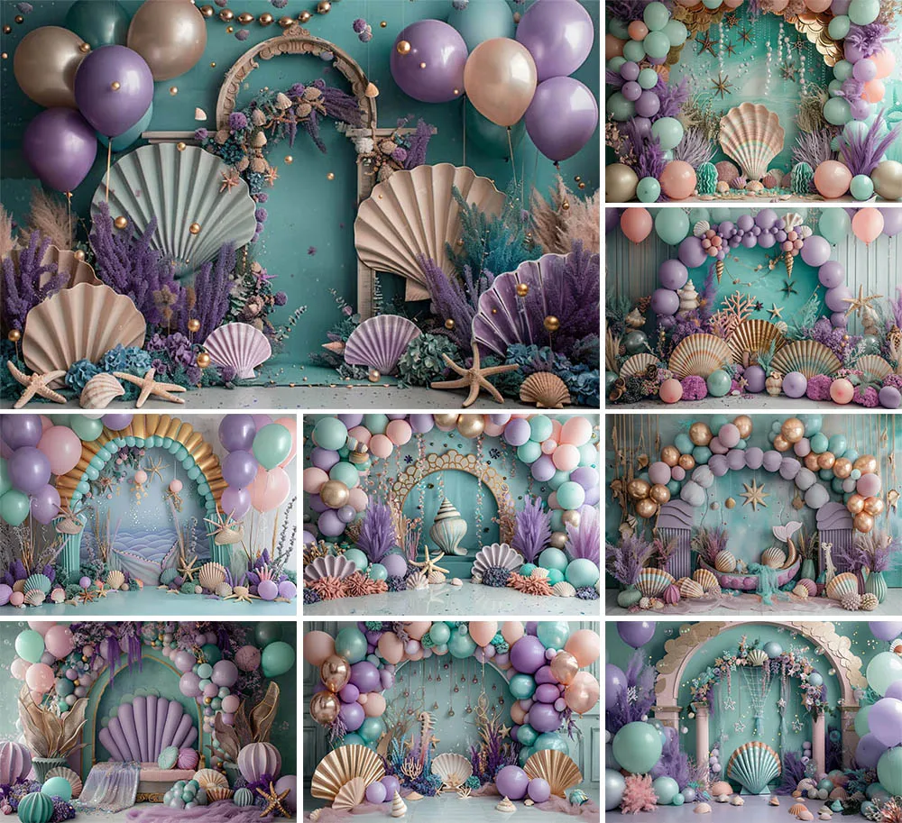 Mehofond Mermaid Balloon Princess Birthday Backdrop for Photography Shell Starfish Seaweed Arch Door Cake Smash Decor Background