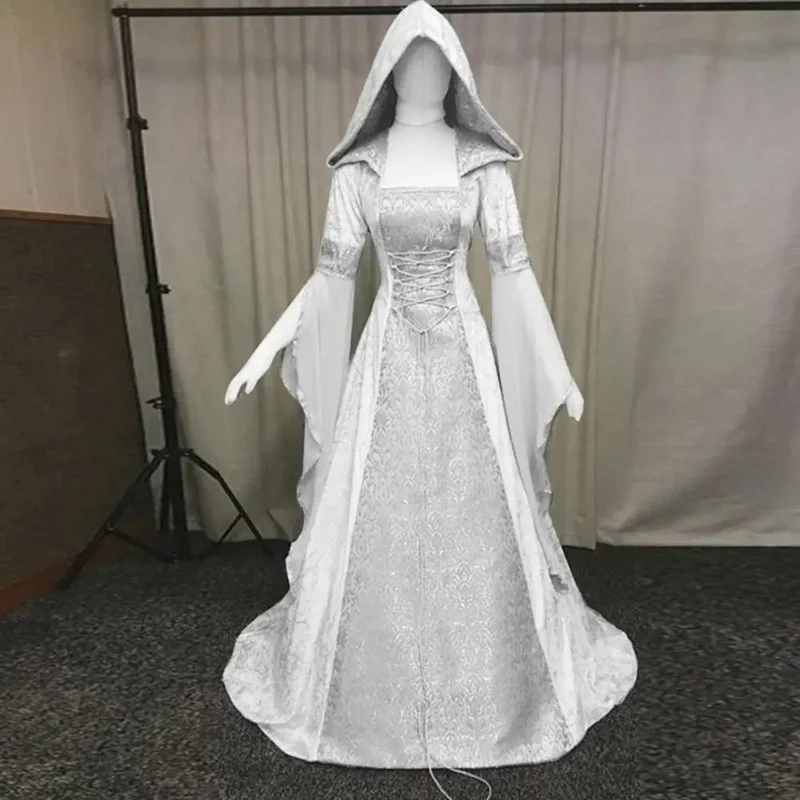 Medieval Renaissance Maxi Train Dress Adult Women Halloween Devil Pagan Witch Wedding Costume Hooded Gown Robe For Ladies