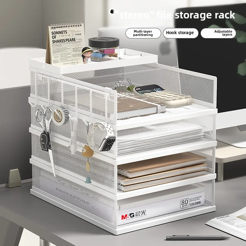 Stackable Desktop File Organizer Multi Tier Metal Mesh Paper Letter Tray with Side Hooks for Office Home School Documents Books