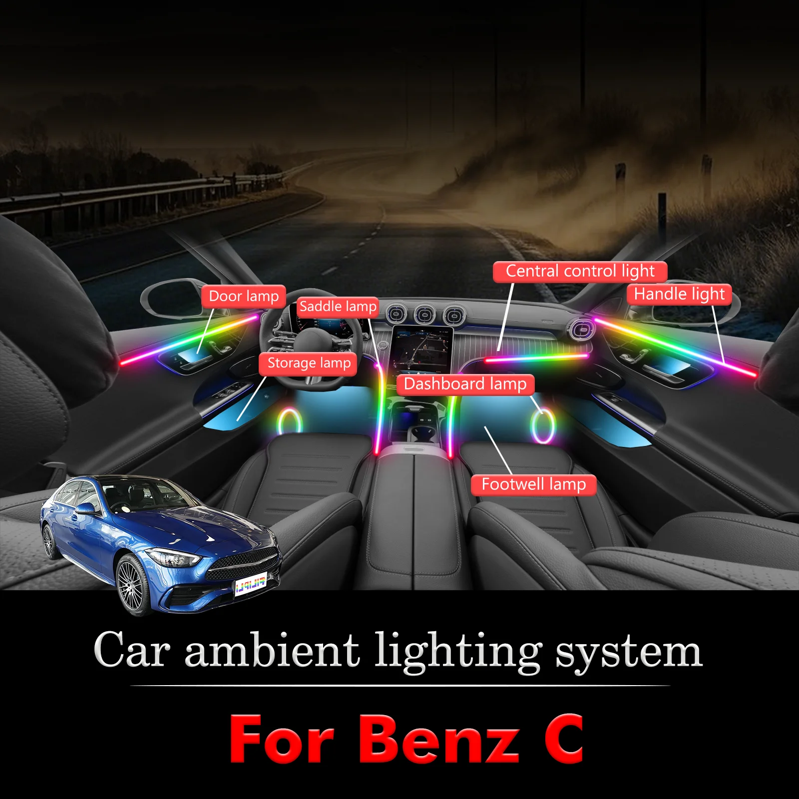 

For BenZ C-Class Car Interior Ambient Lamp Kit RGB 64-Color LED Smart Remote Control Energy Saving Efficient Lights