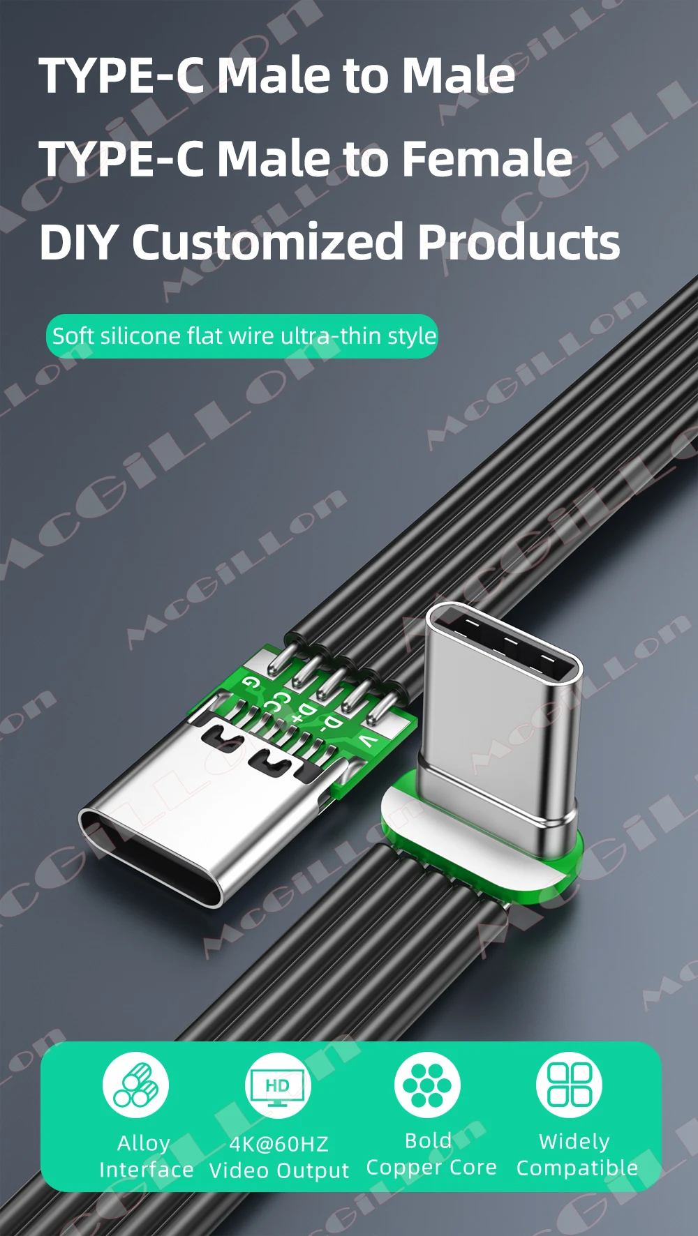 Flexible Flat Silicone Type C to USB C Cable Left/Right Up/Down Angled for Camera Phones 60W Fast Charging 480Mbps Data Transfer