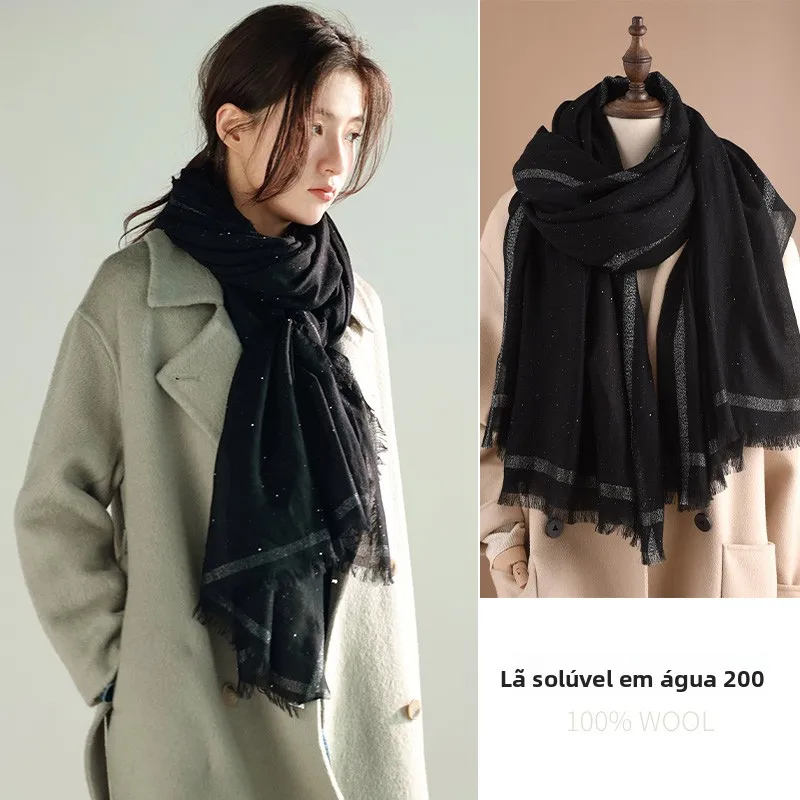 Echarpe-en-laine-soluble-noire-pour-femme-foulard-fin-en-soie-chale-en-cachemire-drape-pour-l'automne-et-l'hiver-cache-epaules-cache-cou-tendance