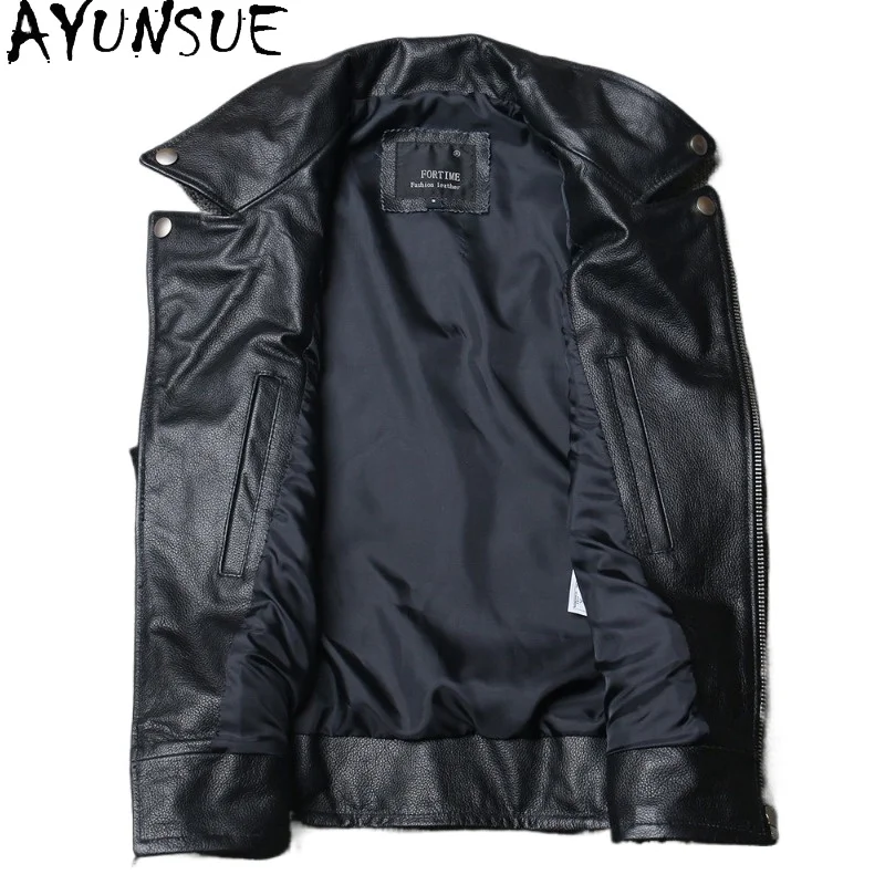 AYUNSUE Top Layer Cowhide Black Biker Leather Jacket Short Men's Leather Vest Motorcycle Jackets of Man Slim Fit Waistcoat Chic