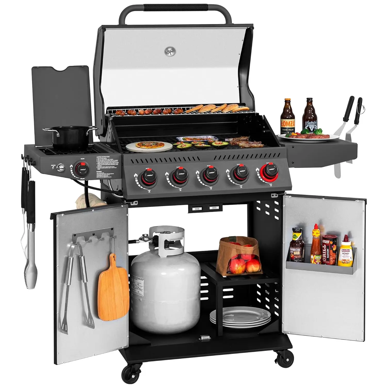 

5-Burner Propane Gas Grill with Sear Burner and Side Burner, 64,000 BTU, Cabinet Style BBQ Grill for Outdoor, Customized
