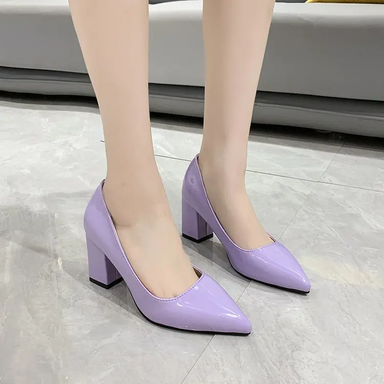 Summer Ladies Square Heel PU Shoes Ladies Pointed Toe High Heels Women\'s Work Party Shoes Plus Size 33-43 Plus Size Pointed Toe