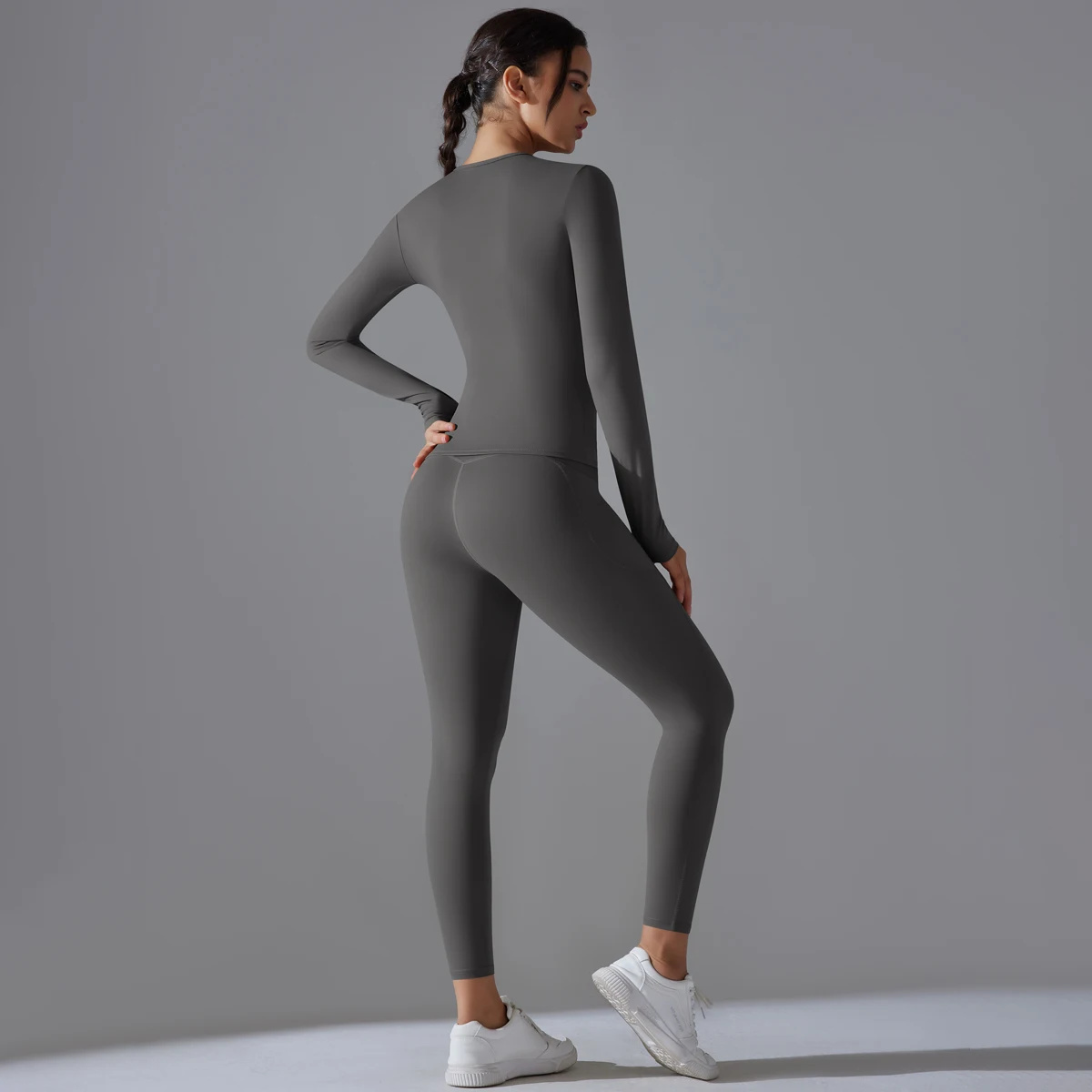 2PCS Seamless Yoga Set Women High Waist Leggings With Pocket Sportswear Gym Clothing Fitness Long Sleeve Crop Top Sports Suits