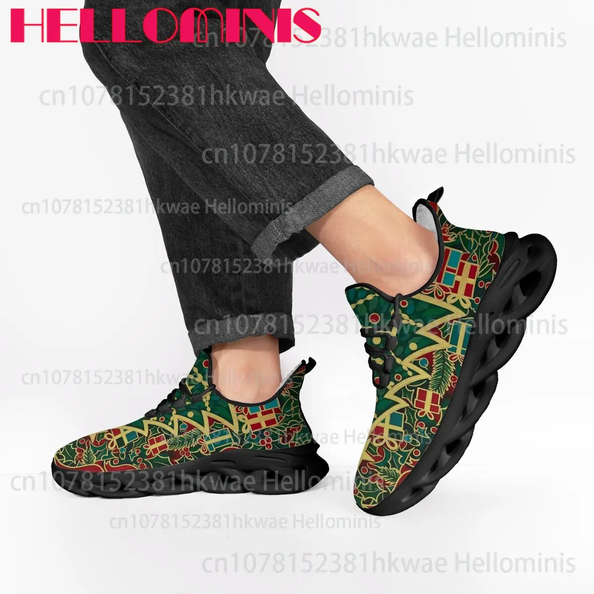 Picture 7: Fleece Lined Christmas Holly Print Unisex Adult Sneakers Warm Plush Lining Hollow Wave Sole Breathable Casual Walking Footwear
