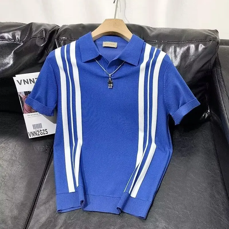 Men's Knitted Business Polo Shirt Summer Ice Silk Breathable Elastic Slim Fit Solid Color Lapel Short Sleeve Knitted T-Shirt Top