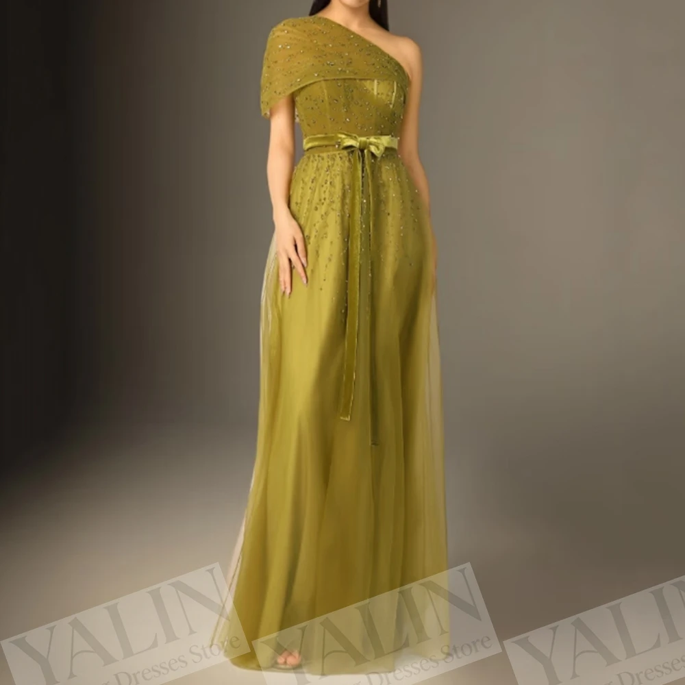 

Women's A-line Evening Dresses Floor-length One-shoulder Sleeveless Prom Dresses Fashion Sequined Sashes Draped Customized Gowns