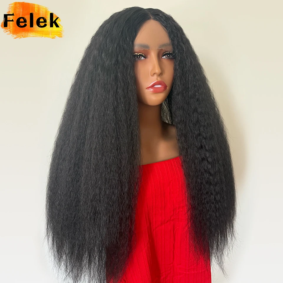 28 بوصة غريب مستقيم T جزء الدانتيل الباروكات للنساء الأسود الاصطناعية ياكي مستقيم الدانتيل الجبهة الباروكات البني شعر مستعار بتصميم مُجعد مع خط الشعر #1
