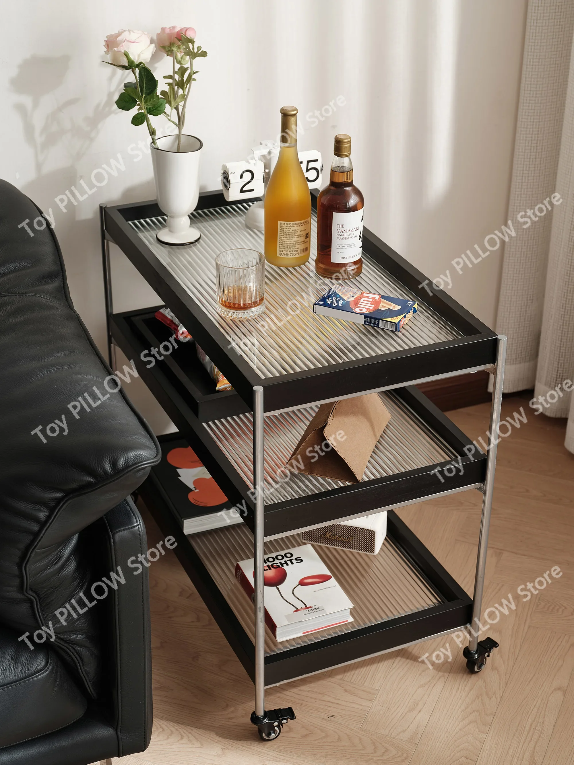 Complex medieval movable pulley sofa side cabinet tea  table glass small push dining cart home living room rack