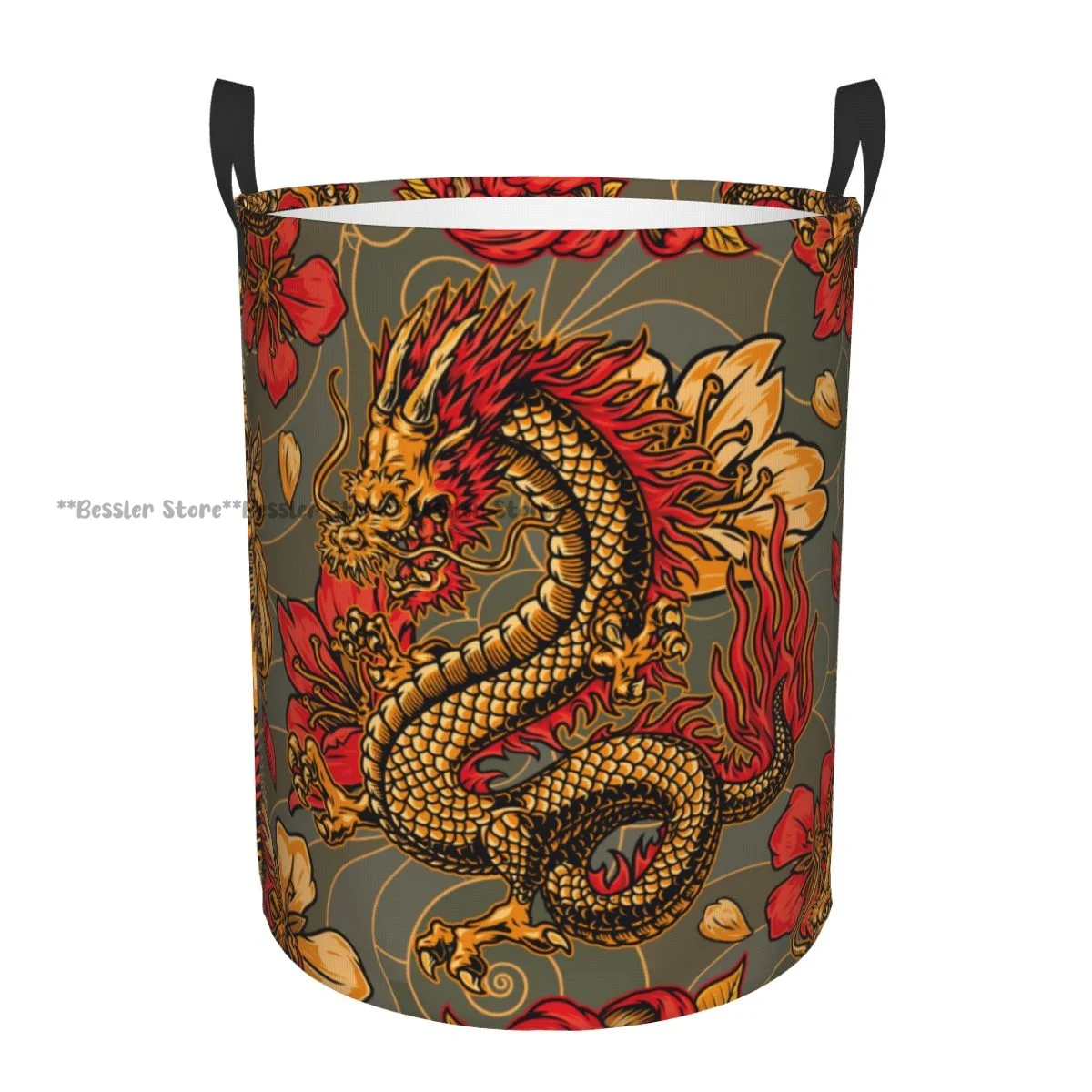 Laundry Basket Japanese Vintage Dragon Chrysanthemum Round Storage Bin Collapsible Hamper Clothes Bucket Organizer