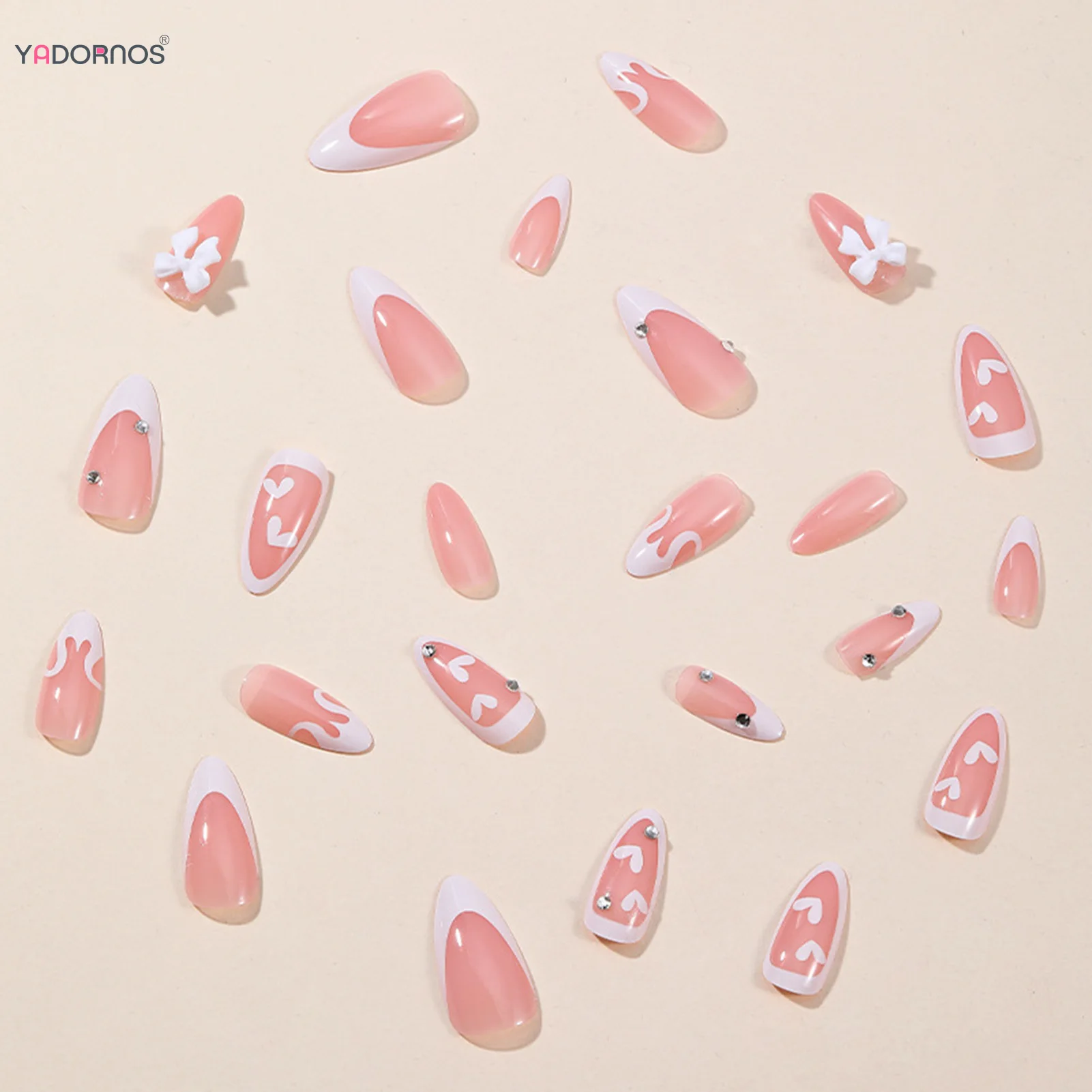 핑크 아몬드 프레스 네일, 프랑스 스타일, 3D 나비 매듭, 가짜 네일 팁, 광택 다이아몬드 디자인, 24 개