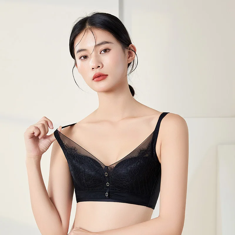 Birdtree Lining 100%Mulberry Silk Lace Bra No Steel Ring Adjustable Gathering French Sexy Girl No Trace Gathering Bra P30529QC