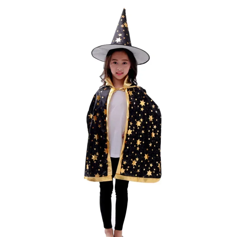 Детский плащ на Хэллоуин, шляпа ведьмы, косплей, звезды, красочный плащ и шляпа ведьмы, комплект для выпускного вечера, наряд 80 см