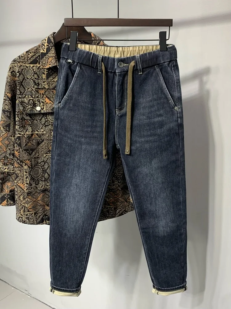 

Elastic Waist Dstring Men's Jeans Casual Wear Resilient All-Match Sle Autumn Winter Faion Slim Fit Youth Denim Pants