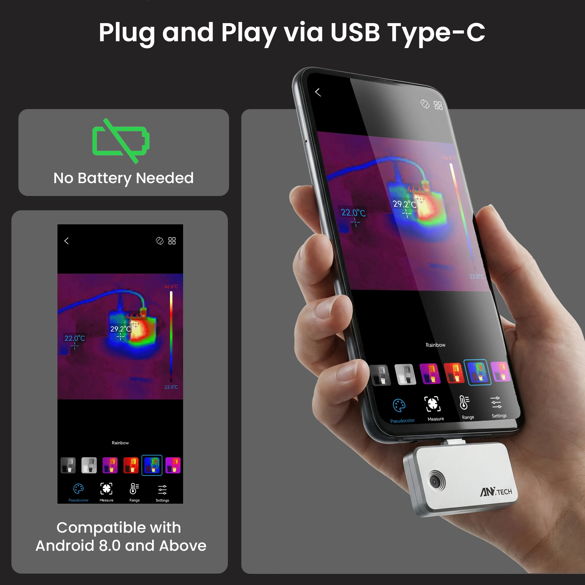 Thermal Imaging Camera, 96×96 IR with TISR Super Resolution Up to 240×240, 25Hz Frame Rate, -20℃~550℃ Temp Range, Audible High/Low Temp Alarm, USB-C Connection for HVAC Electrical Plumbing Automotive Inspection