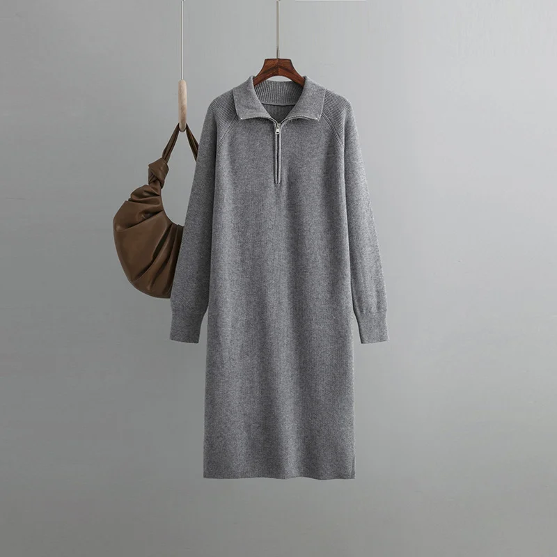 Winter Warm Thick Knit Women Sweater Dress Fashion  Autumn Warm Dress Ladys Soft Zipper Turtleneck Casual Cashmere Loose Dresses