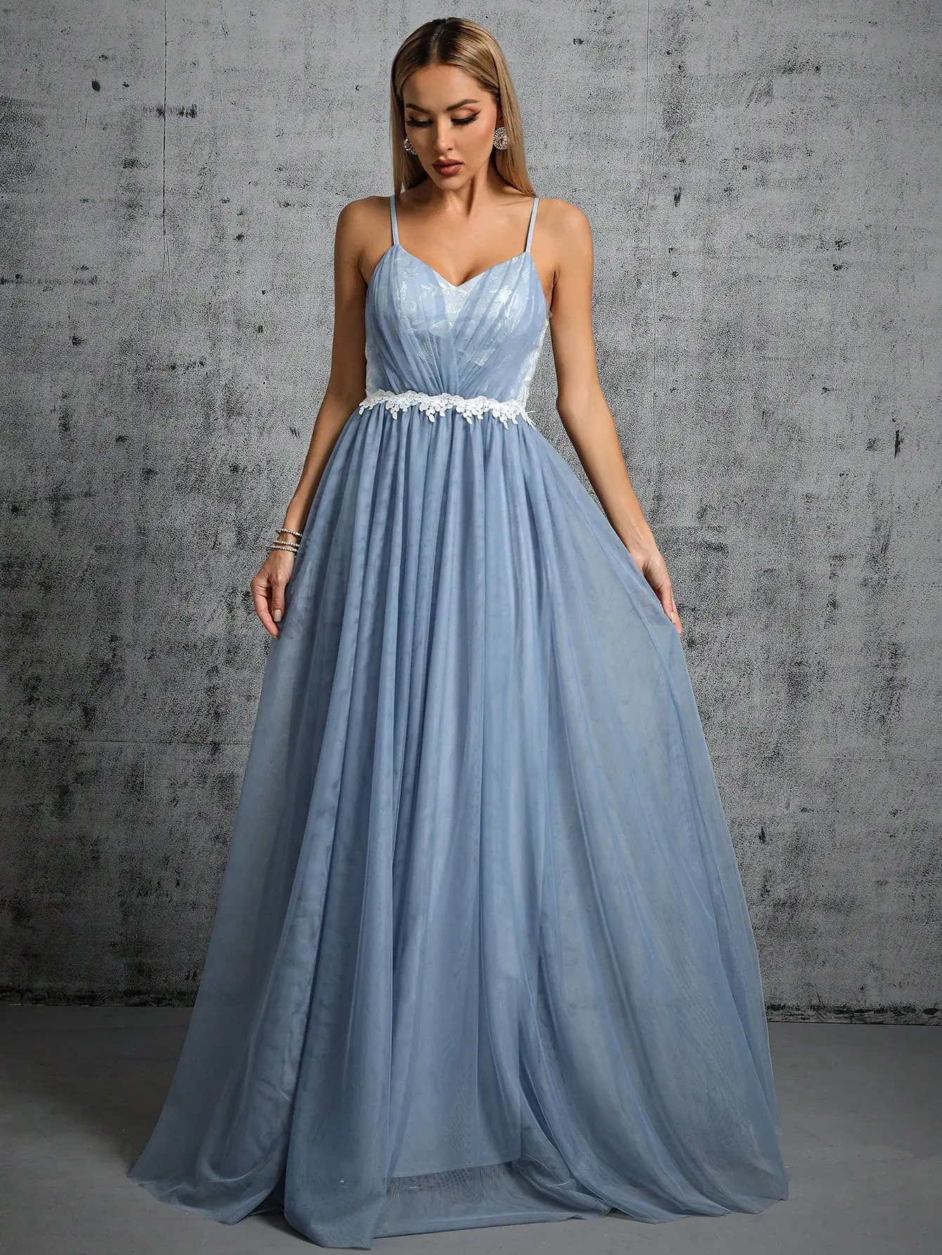 Mgiacy Halter mesh cross folding lace contrasting long dress Evening gown Ball dress Party dress Bridesmaid dress
