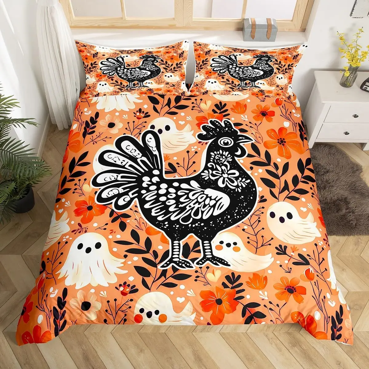 

Комплект пододеяльников с изображением петуха, двойной королевский размер, акварель, курица, фермерский дом, комплект постельного белья с животными для детей, мальчиков и девочек, пододеяльник с цветочным принтом