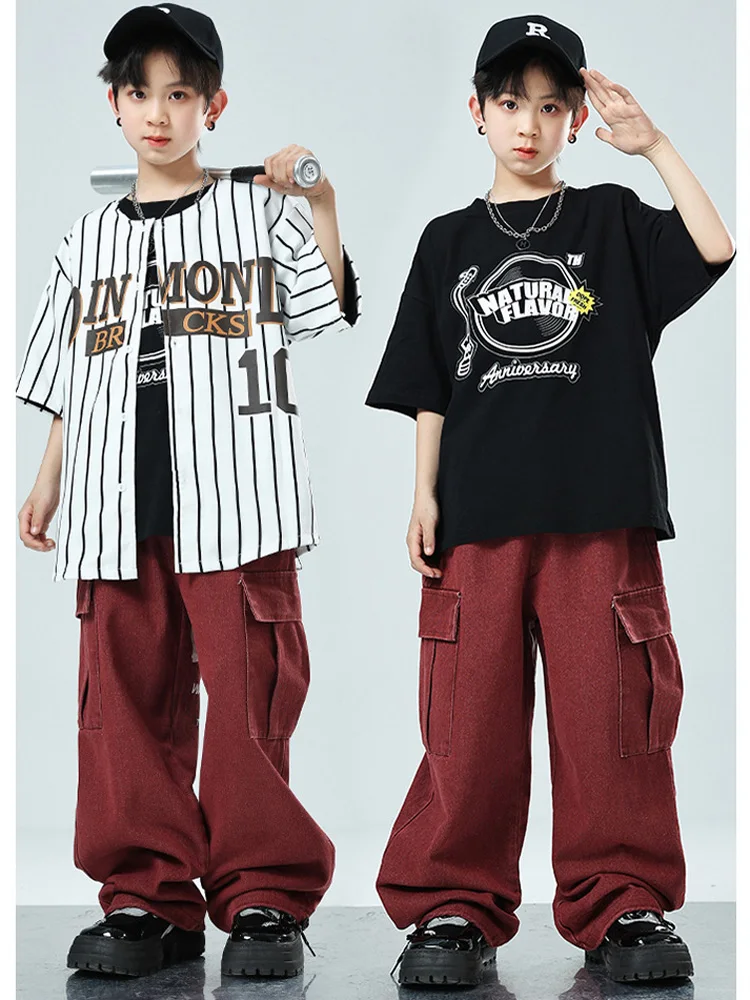 男の子女の子ヒップホップコスチュームセット子供ストリートウェアストライプ半袖野球シャツジーンズパンツスーツキッズステージショー服