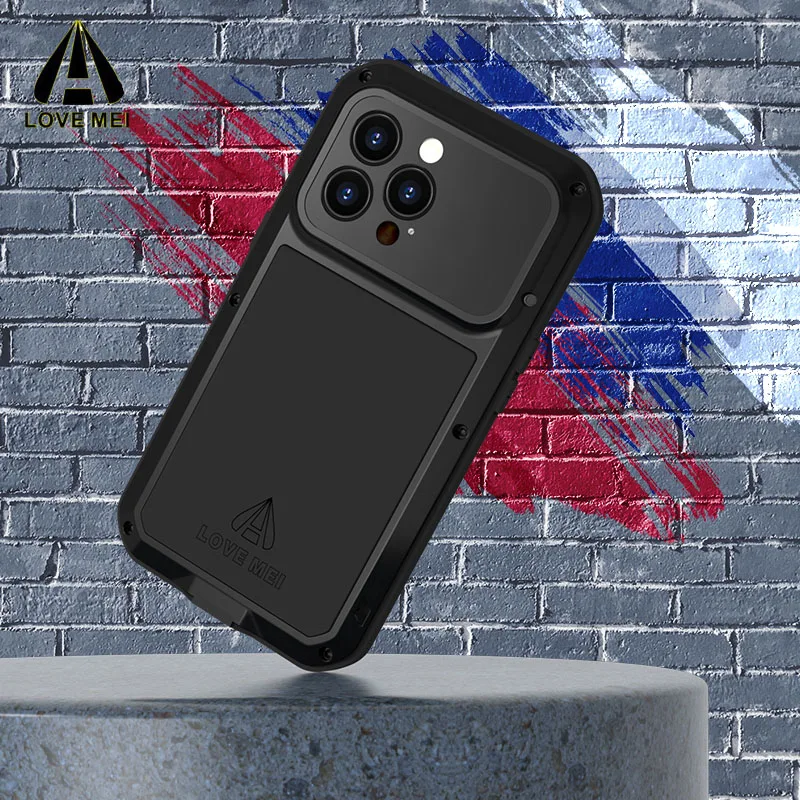 

Original LOVE MEI Armor Metal Case for iPhone 14 Pro Max Shockproof Life Waterproof Tempered Glass Cover Powerful Protection